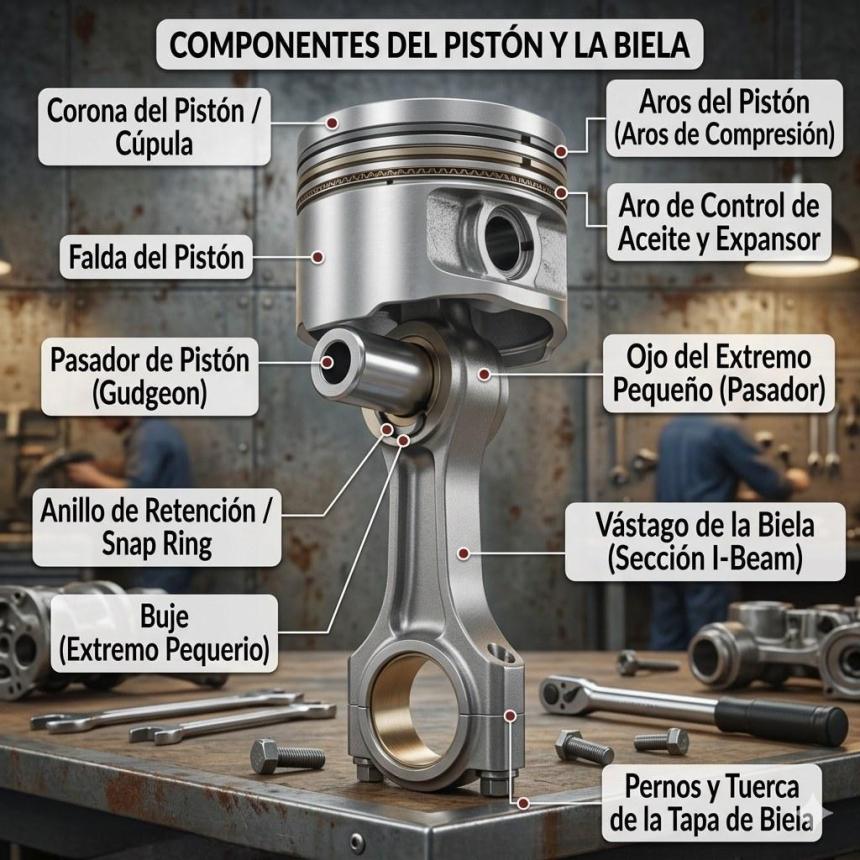 Partes principales del pistón y biela